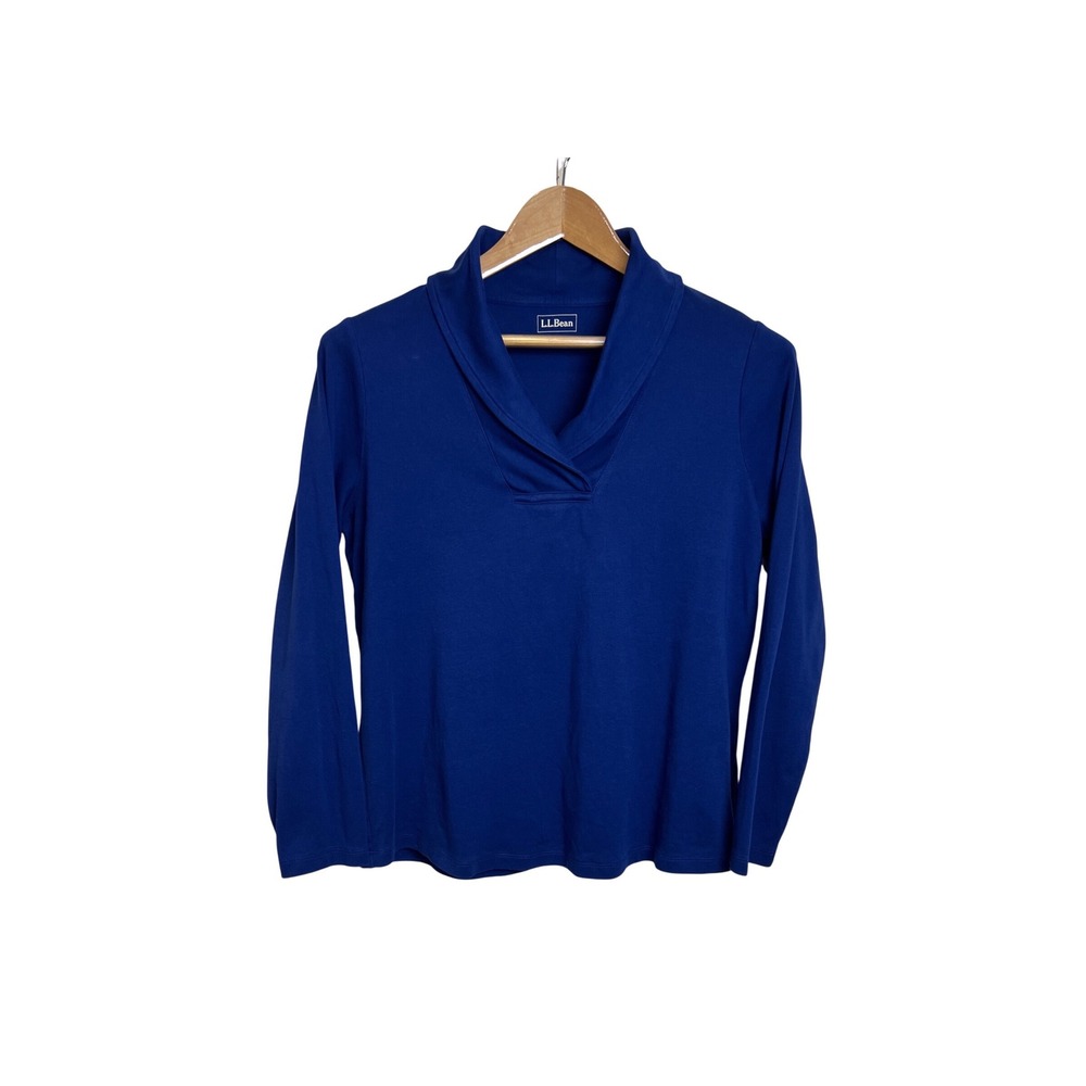L.L.Bean Top Women XL Blue Shawl Neck Long Sleeve Cotton 290348 Pullover G30